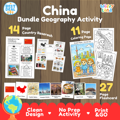 China geography activity bundle cover showing 14 country research pages, 11 coloring pages, and 27 photo flashcards