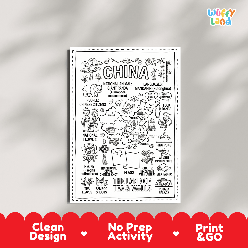 Educational activity coloring page highlighting China's national animal the Giant Panda, Peony flower, and bamboo