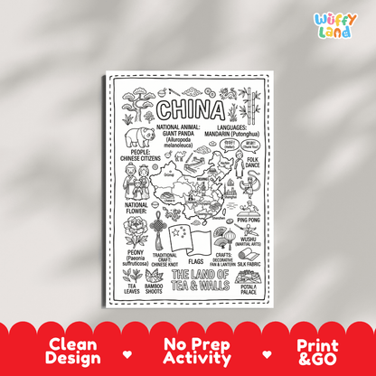 Educational activity coloring page highlighting China's national animal the Giant Panda, Peony flower, and bamboo