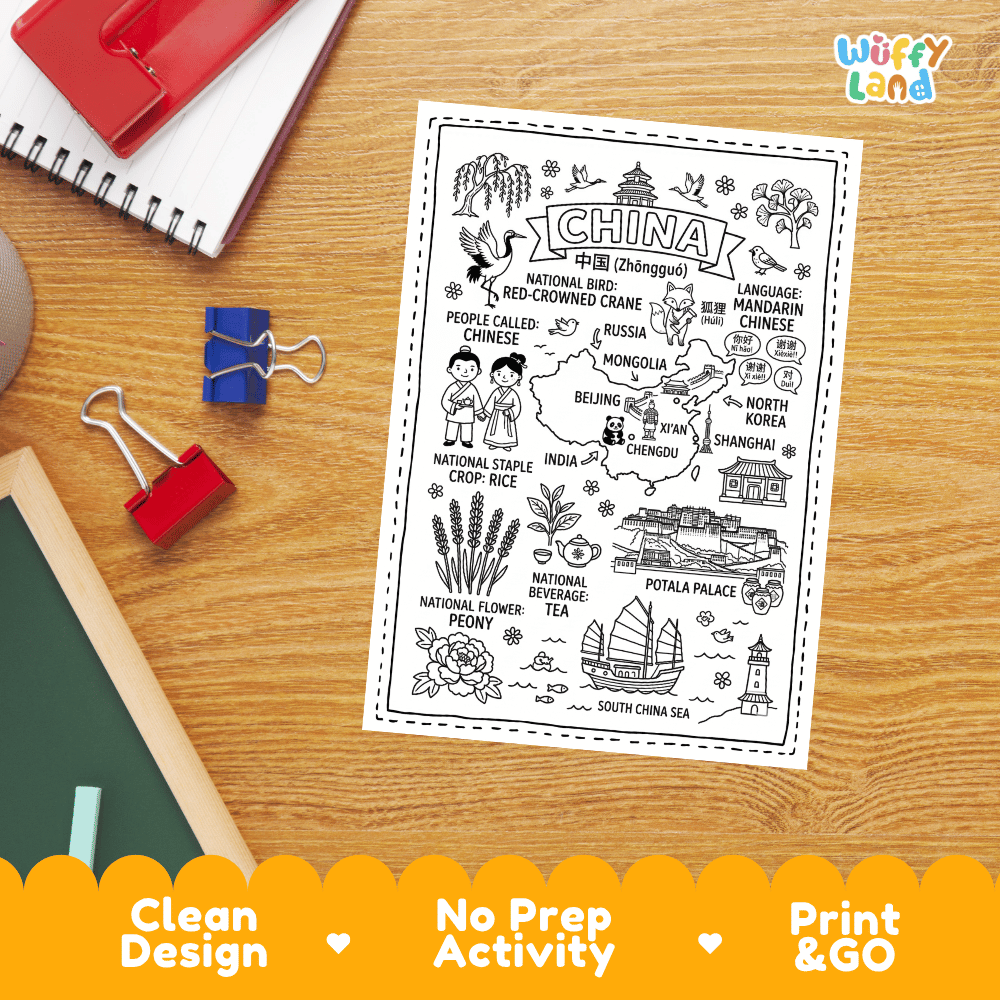 Doodle map coloring sheet showing China's capital Beijing, major cities, Potala Palace, and neighboring countries