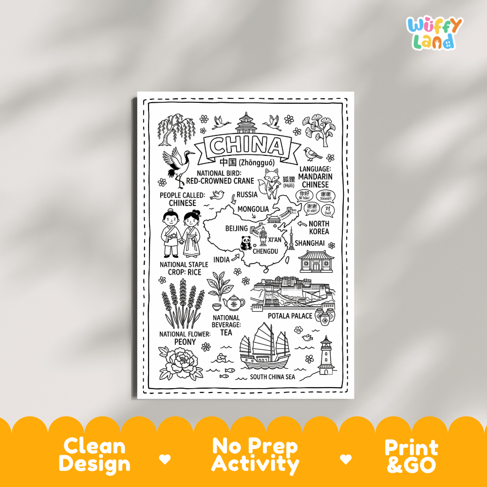 Educational activity coloring page highlighting China's national bird the Red-Crowned Crane, national flower Peony, and giant panda