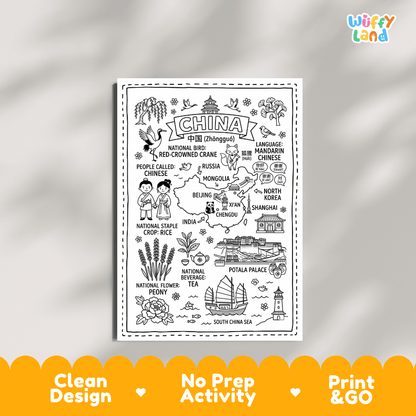 Educational activity coloring page highlighting China's national bird the Red-Crowned Crane, national flower Peony, and giant panda