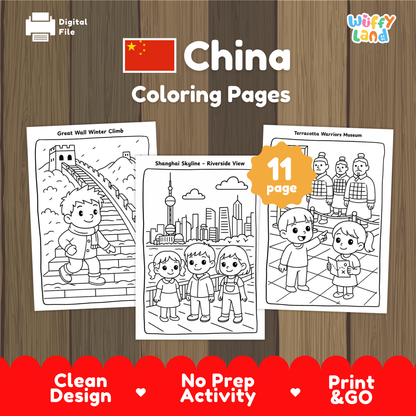 Black-and-white children’s coloring pages featuring China landmarks, including kids walking on the Great Wall, children in front of the Shanghai skyline by the river, and kids visiting the Terracotta Warriors Museum
