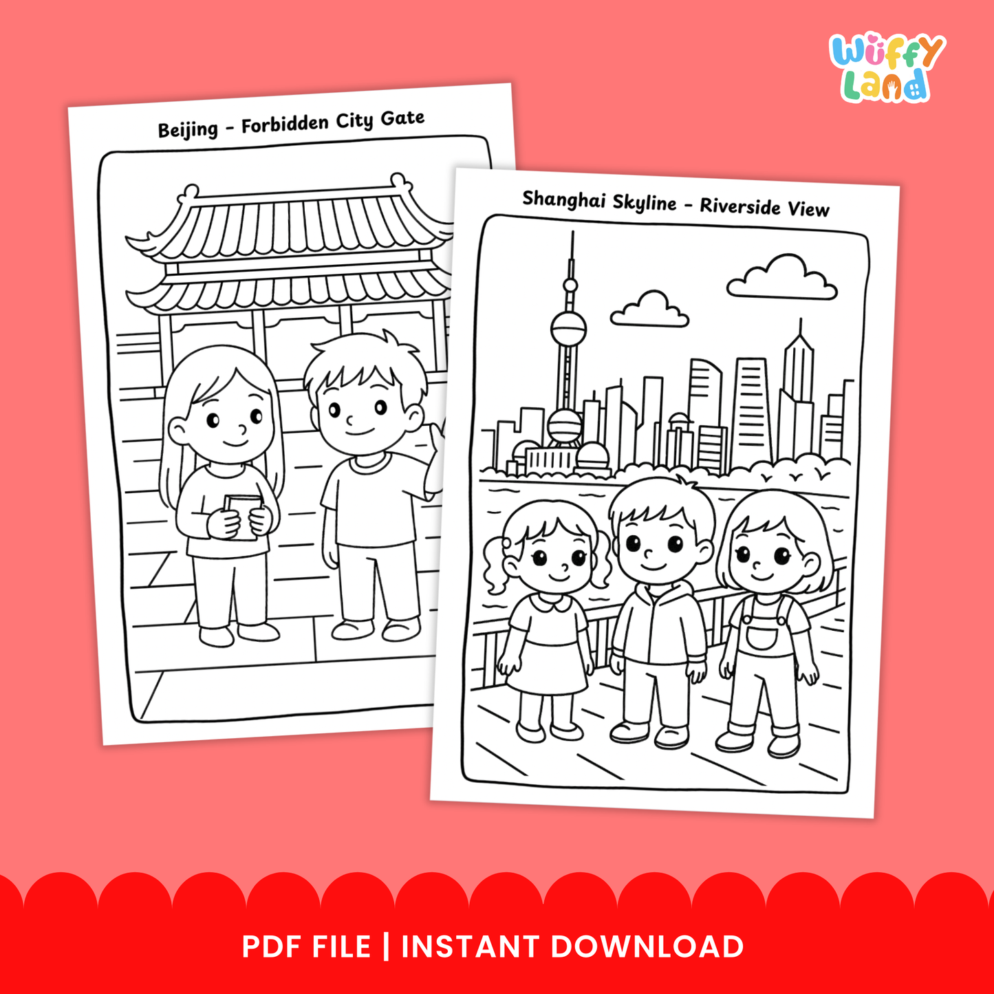 Black-and-white children’s coloring pages featuring China landmarks, including kids walking on the Great Wall, children in front of the Shanghai skyline by the river, and kids visiting the Terracotta Warriors Museum