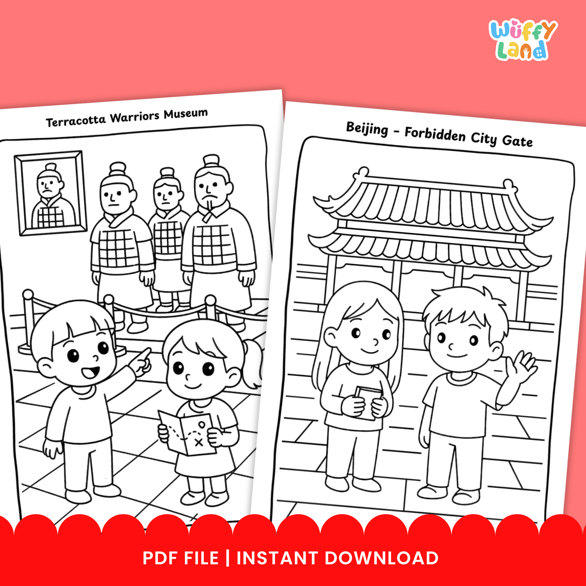 Black-and-white children’s coloring pages featuring China landmarks, including kids walking on the Great Wall, children in front of the Shanghai skyline by the river, and kids visiting the Terracotta Warriors Museum
