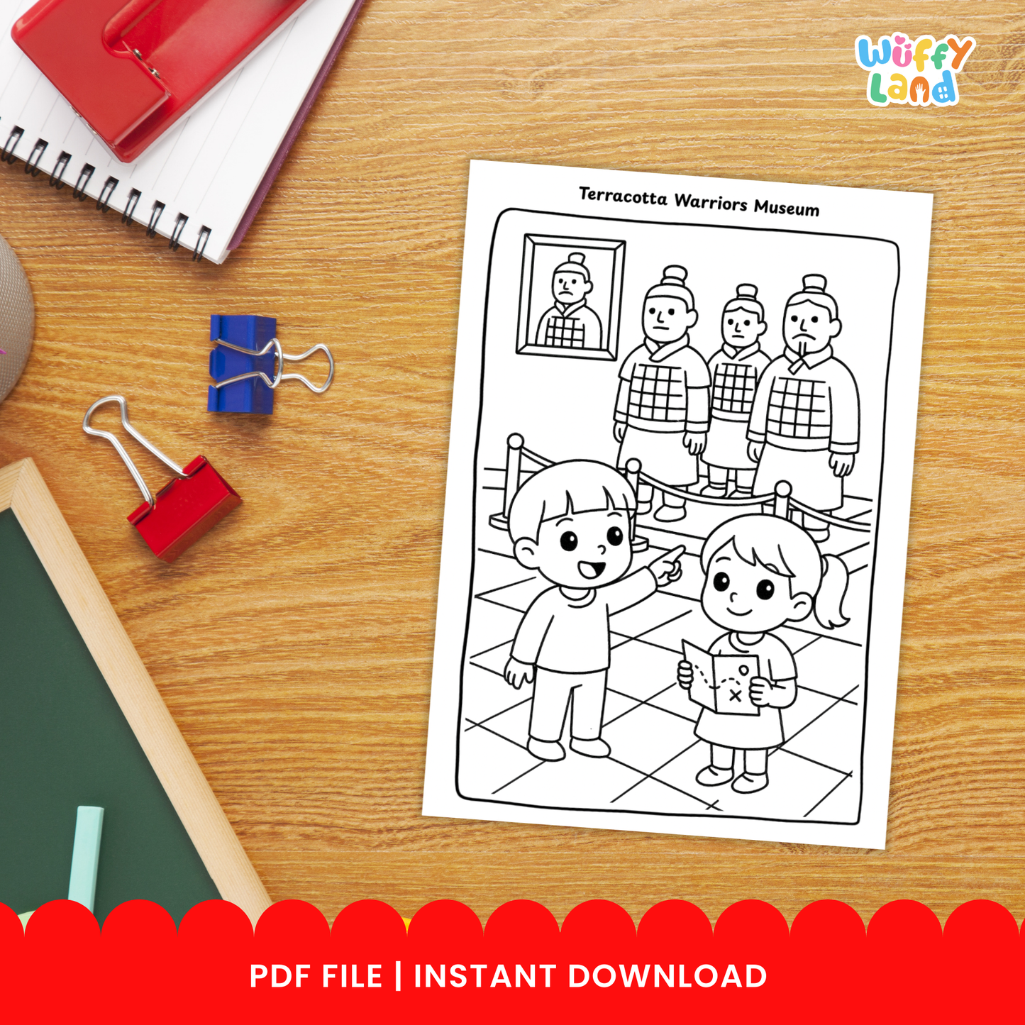 Black-and-white children’s coloring pages featuring China landmarks, including kids walking on the Great Wall, children in front of the Shanghai skyline by the river, and kids visiting the Terracotta Warriors Museum