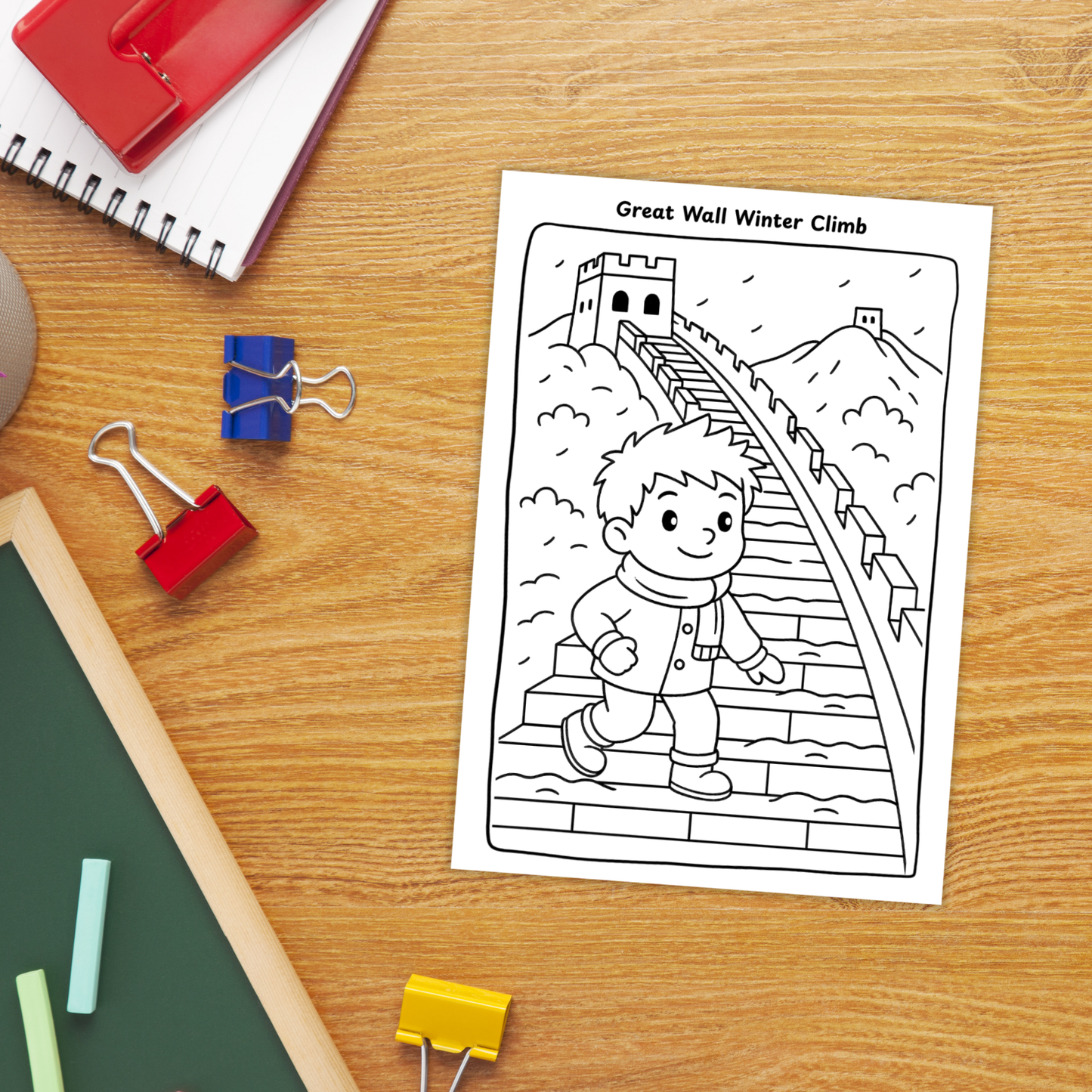 Black-and-white children’s coloring pages featuring China landmarks, including kids walking on the Great Wall, children in front of the Shanghai skyline by the river, and kids visiting the Terracotta Warriors Museum