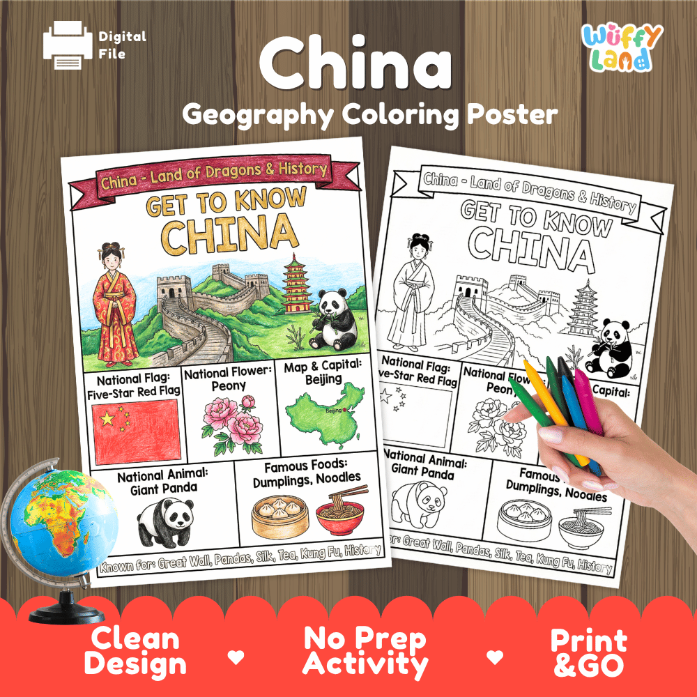 China Geography Coloring Poster and Fact Sheet Printables