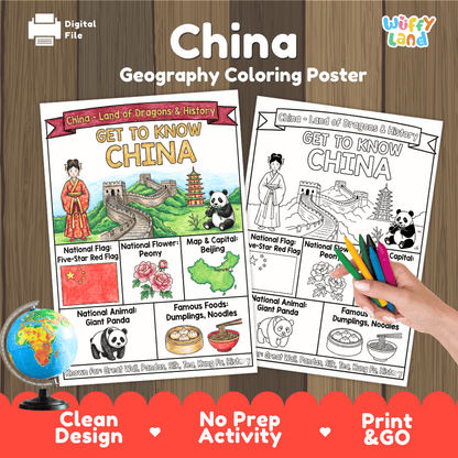 China Geography Coloring Poster and Fact Sheet Printables