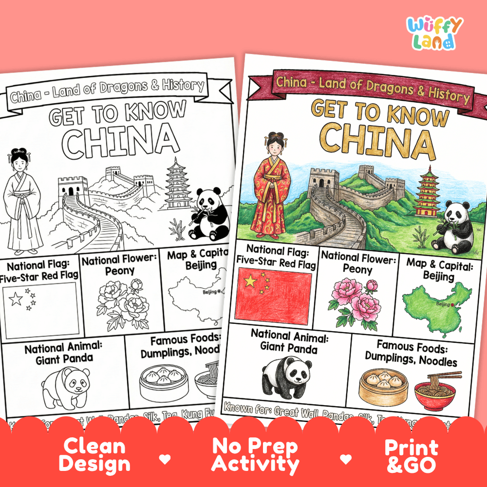 China Geography Coloring Poster and Fact Sheet Printables