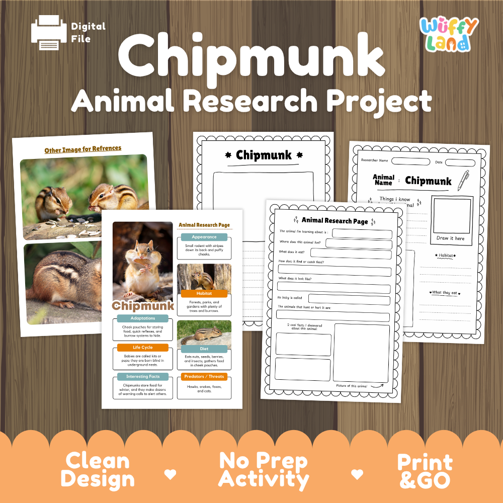 Digital activity sheet set titled 'Chipmunk Animal Research Project' on a wood background, showing printable pages and covers with chipmunk photos, labeled 'Wiffly Land' branding, plus marketing text at the bottom.
