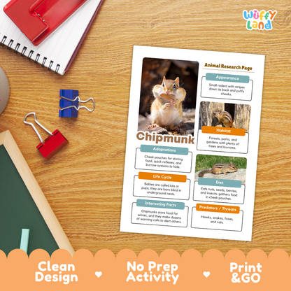 A printed animal research page about a chipmunk lies on a wooden desk, surrounded by school supplies including a spiral notebook, binder clips, and a red pen. The page has a clean layout with a chipmunk photo, text sections, and colorful labels.