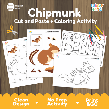 Chipmunk Cut and Paste Craft and Coloring Activity Worksheets