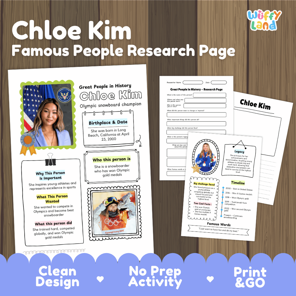 Chloe Kim biography research worksheets pack featuring graphic organizers, timeline activity, and student writing template