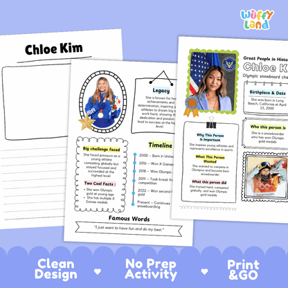 Great People in History student fact profile card detailing Chloe Kim's birthplace, snowboarding career, and Olympic medals