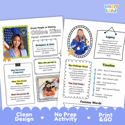 Educational biography summary worksheet featuring a chronological timeline, famous quote, and lined student writing page