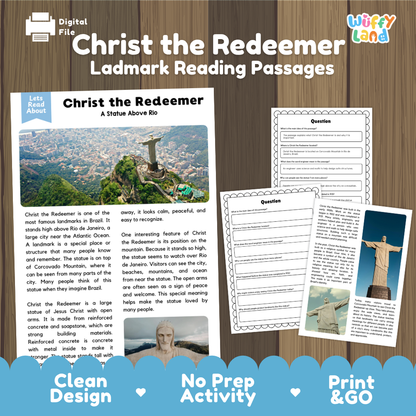 Digital reading activity bundle cover for 'Christ the Redeemer - Ladmark Reading Passages' by Wiffy Land, featuring a mockup of a book page, a worksheet, and a question sheet on a wood-grain background with promotional text at the bottom.