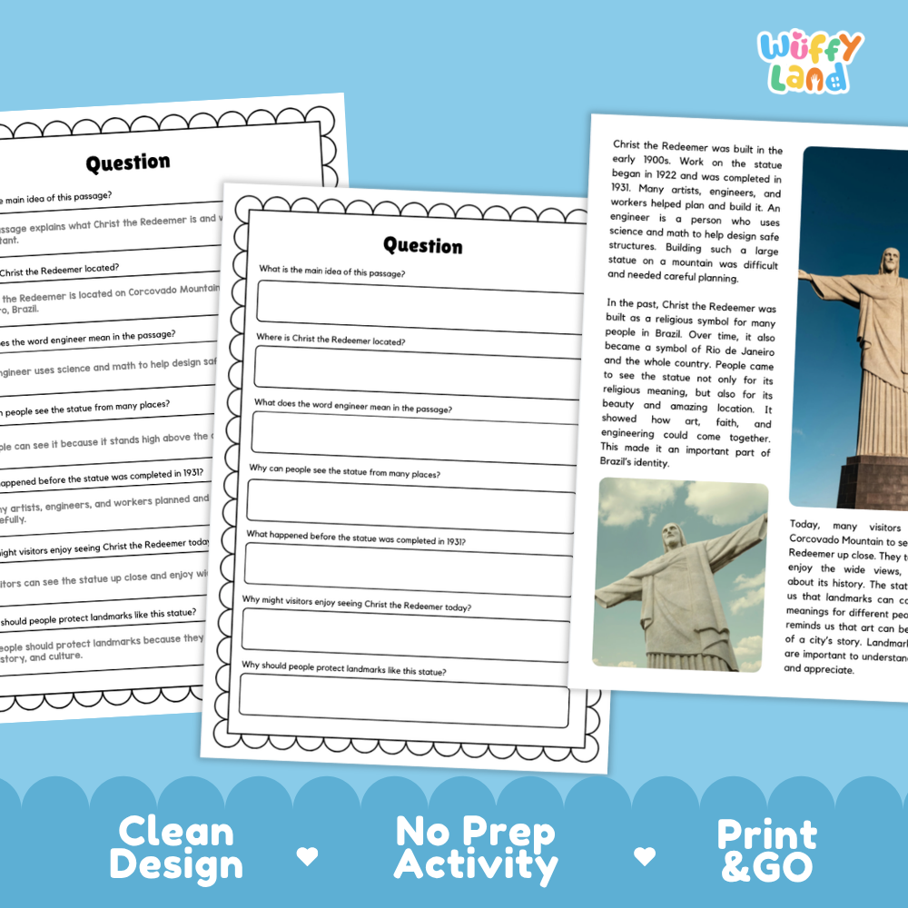 Three printable worksheet pages with black-and-white question prompts are shown on a white background, with a colorful blue footer banner reading 'Clean Design', 'No Prep Activity', and 'Print & Go'. A small photo inset appears on the right page.