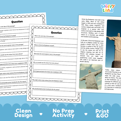 Three printable worksheet pages with black-and-white question prompts are shown on a white background, with a colorful blue footer banner reading 'Clean Design', 'No Prep Activity', and 'Print & Go'. A small photo inset appears on the right page.