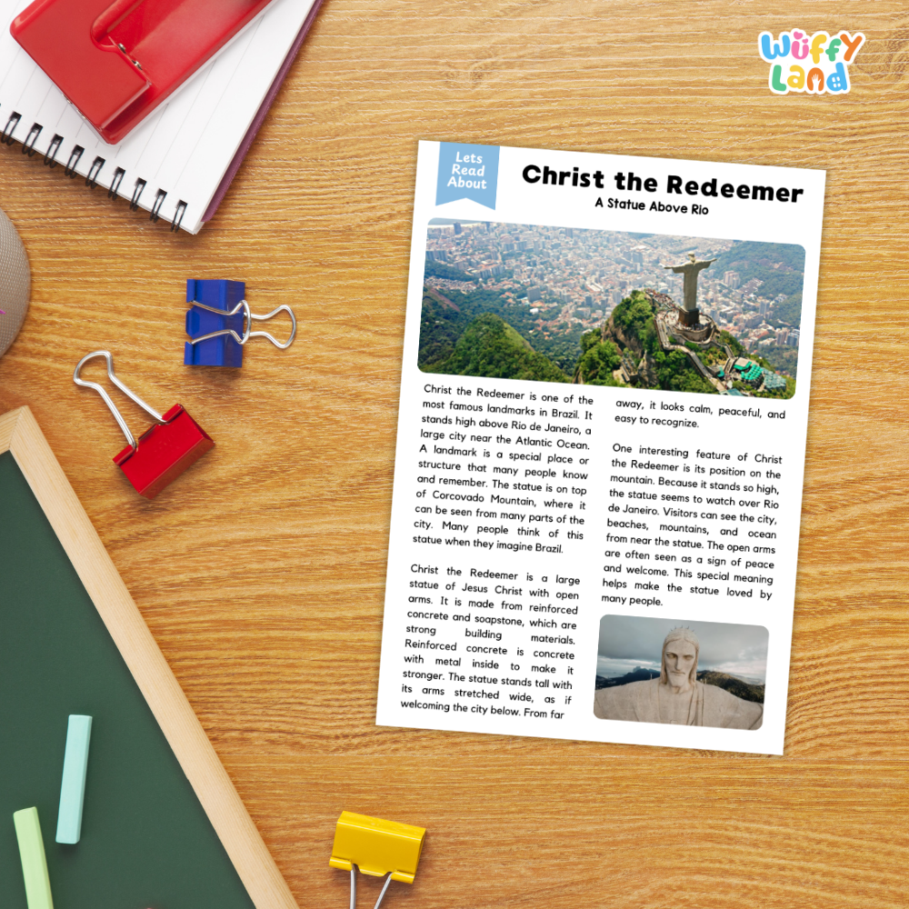 A printed educational poster titled 'Christ the Redeemer' laid on a wooden desk, surrounded by school supplies including a red spiral notebook, blue and red binder clips, a green folder, and a yellow pencil. The poster features a scenic photo of the statue and text about it.