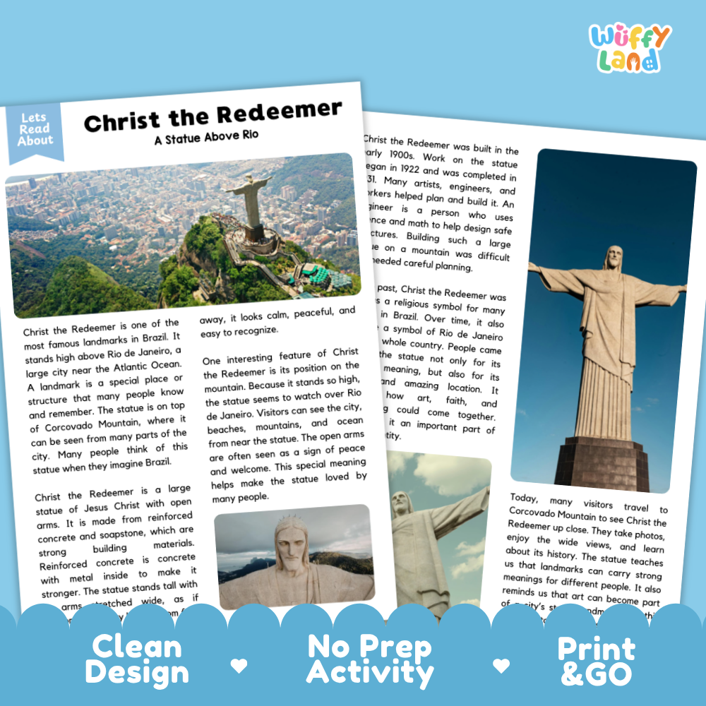 Three printed activity sheets for a children's educational print about Christ the Redeemer are displayed on a white background with a blue 'Wuffly Land' logo watermark. The sheets feature a title, paragraphs of text, small photos, and decorative blue footer banners reading 'Clean Design', 'No Prep Activity', and 'Print & GO'.