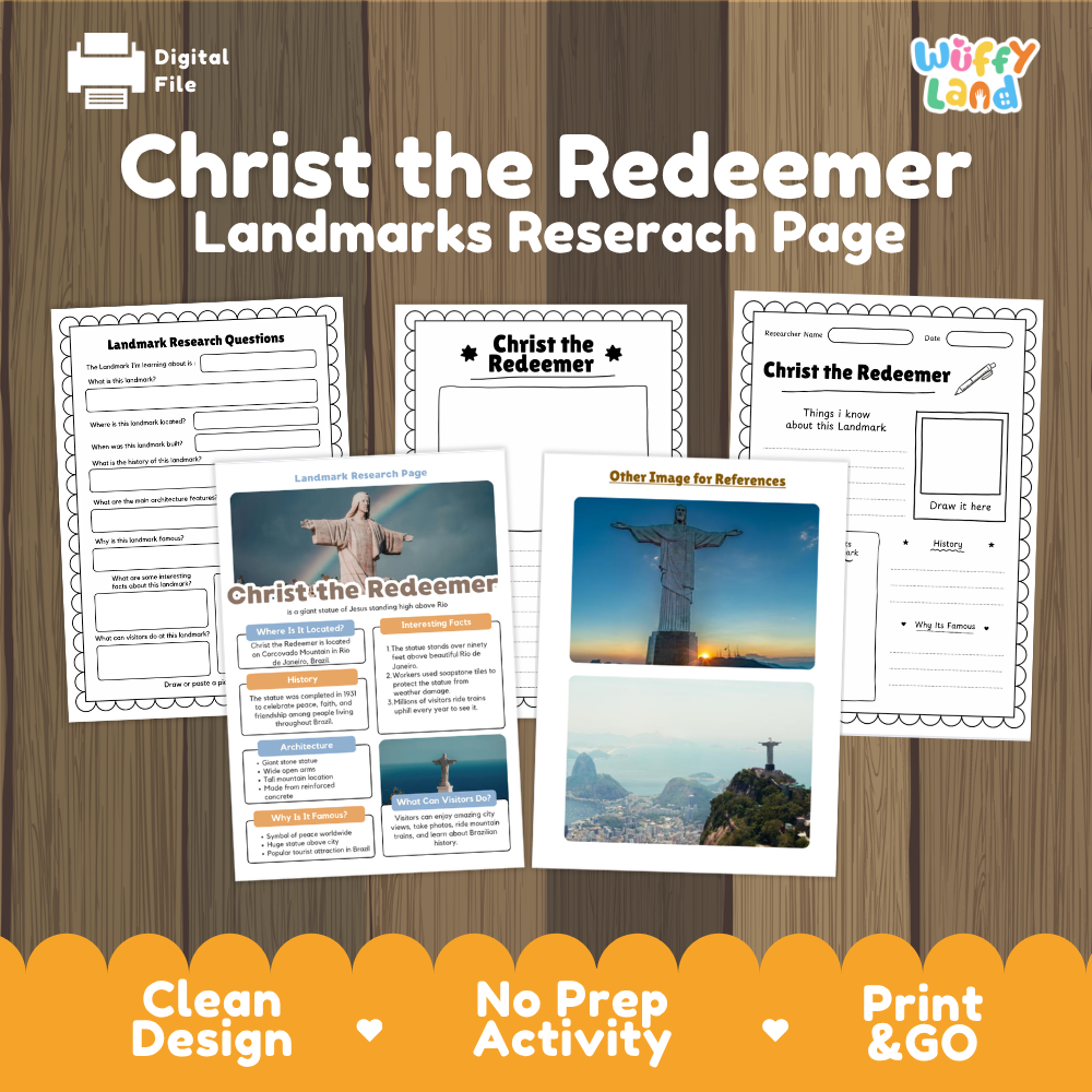 Digital worksheet preview for 'Christ the Redeemer Landmarks Research Page' by Wiffy Land, displayed on a wood background with sample pages and feature badges.