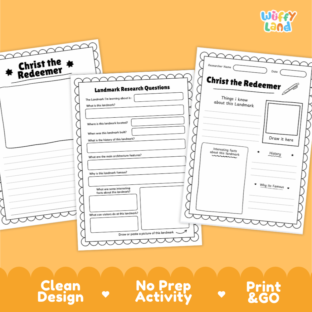 Three printable worksheet pages for 'Christ the Redeemer' are shown on an orange background. The pages contain black text, blank lines, and drawing boxes for a landscape sketch.