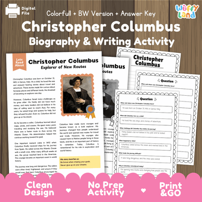 Christopher Columbus Biography Reading Passage and Writing Activity Worksheets