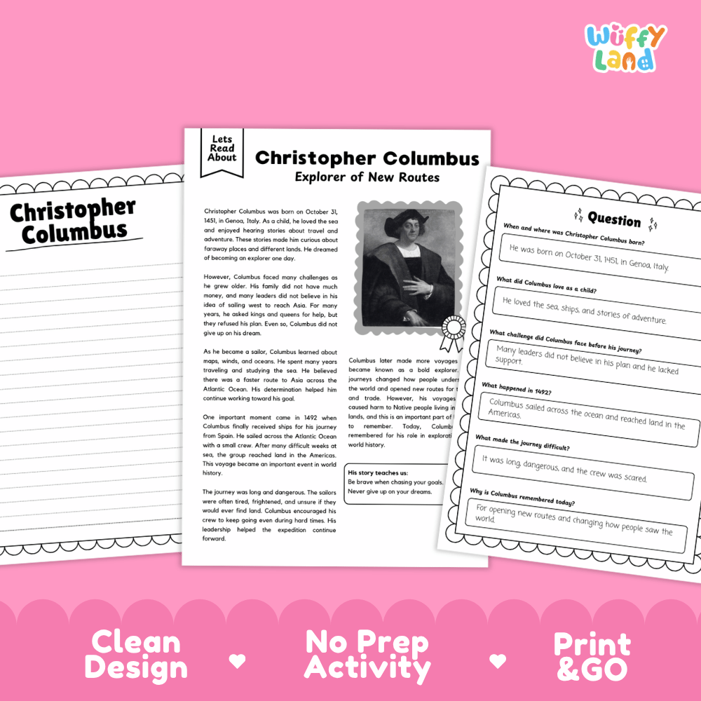 Christopher Columbus Biography Reading Passage and Writing Activity Worksheets