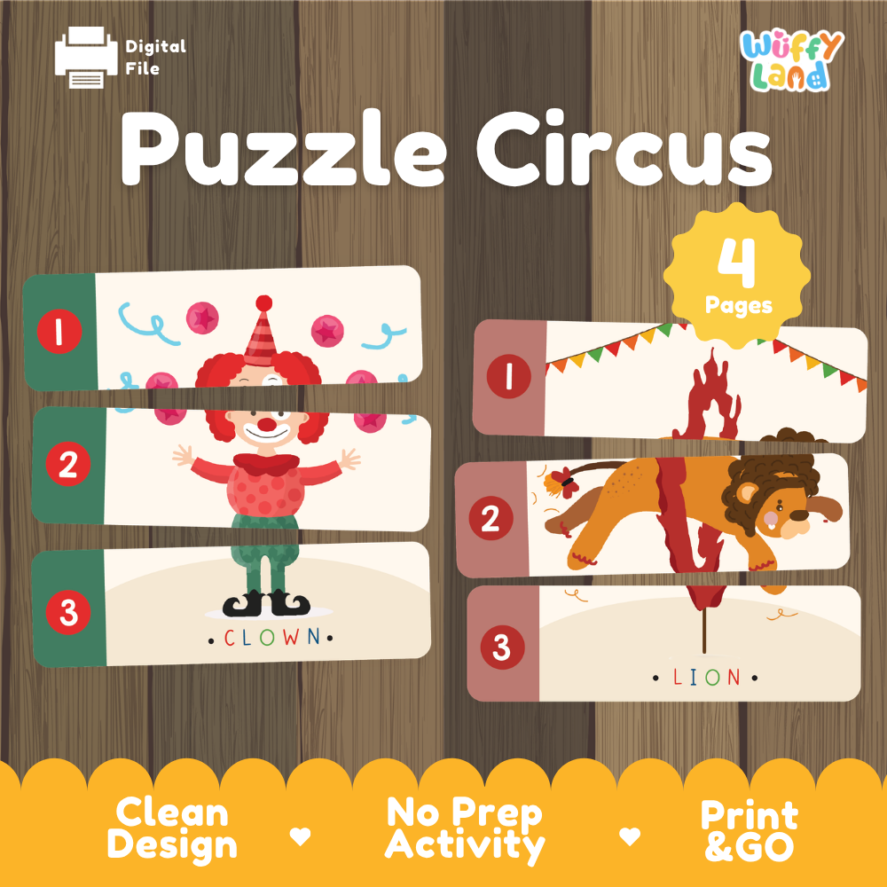 Puzzle Circus printable activity sheet by Wiffy Land, featuring three puzzle pieces with a clown illustration and two puzzle pieces with a lion illustration, on a wood plank background with promotional text.