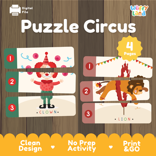 Puzzle Circus printable activity sheet by Wiffy Land, featuring three puzzle pieces with a clown illustration and two puzzle pieces with a lion illustration, on a wood plank background with promotional text.