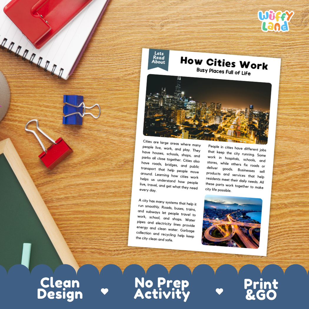 Printable student worksheet with short-answer reading comprehension questions covering cities and infrastructure