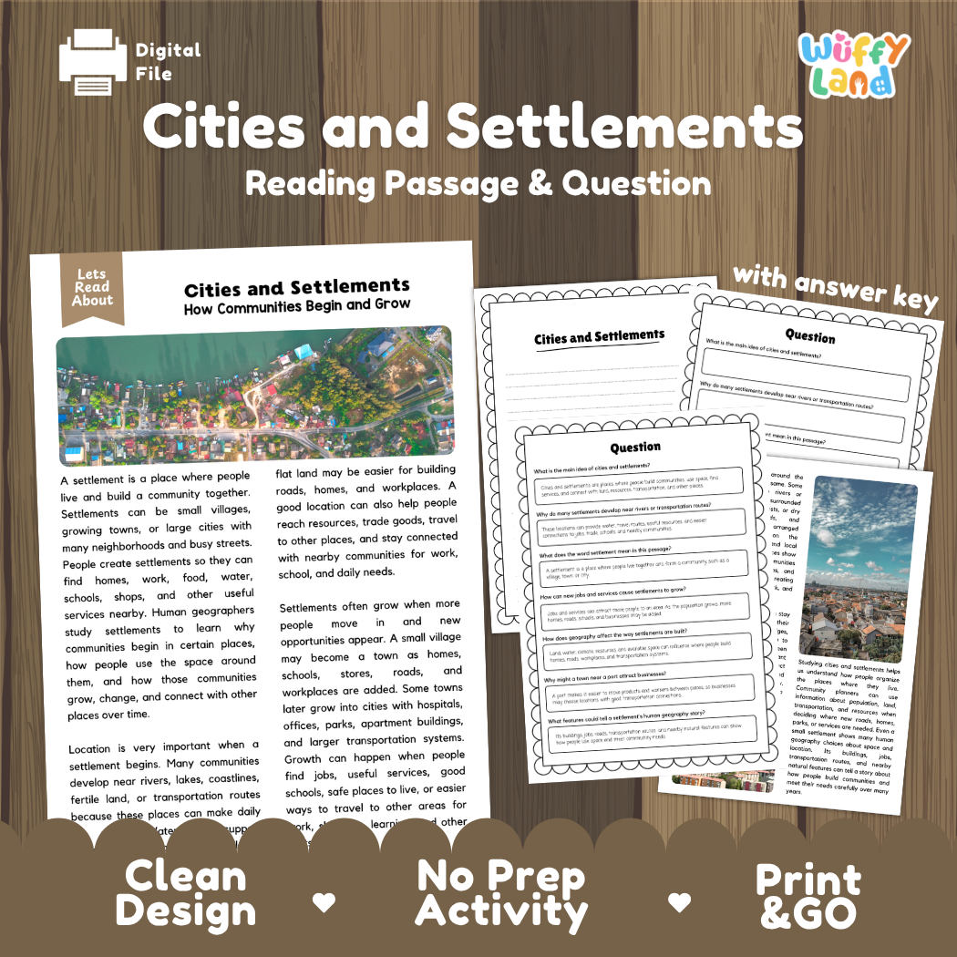 Cities and Settlements reading comprehension passage and questions printable activity pack with answer key for elementary students