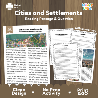 Cities and Settlements reading comprehension passage and questions printable activity pack with answer key for elementary students