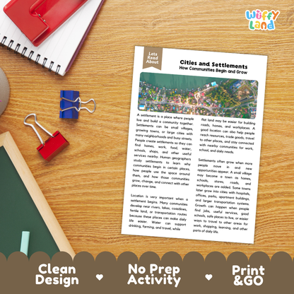 Student reading comprehension worksheet with short-answer questions and lined sections about cities and settlements
