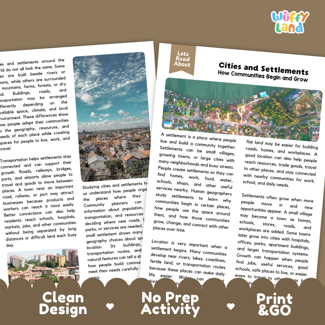 Teacher answer key page showing complete question solutions for Cities and Settlements social studies reading comprehension practice