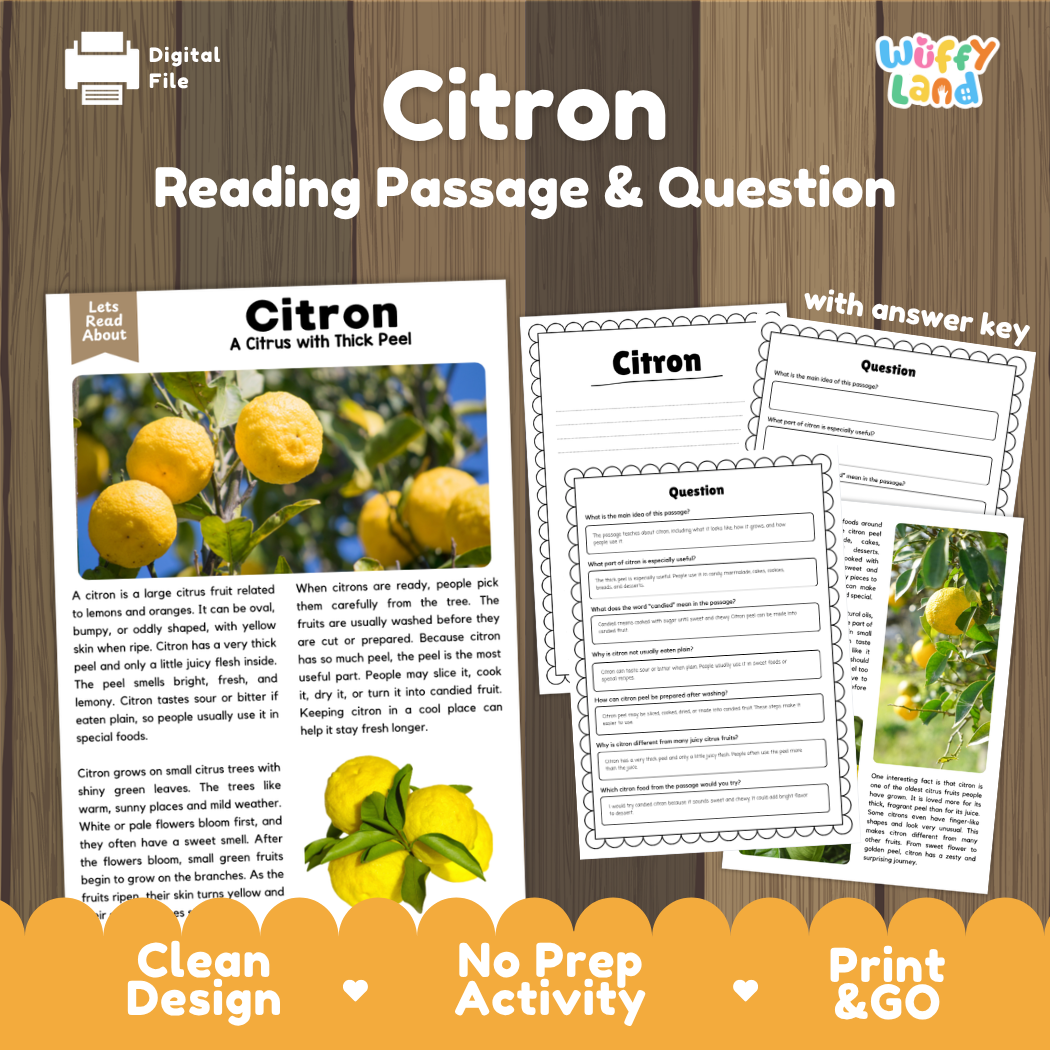 Citron reading comprehension passage and questions printable activity pack with answer key for elementary students