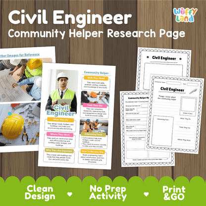 Civil engineer community helper research page writing worksheets pack featuring real photos and student activity pages for elementary social studies and STEM