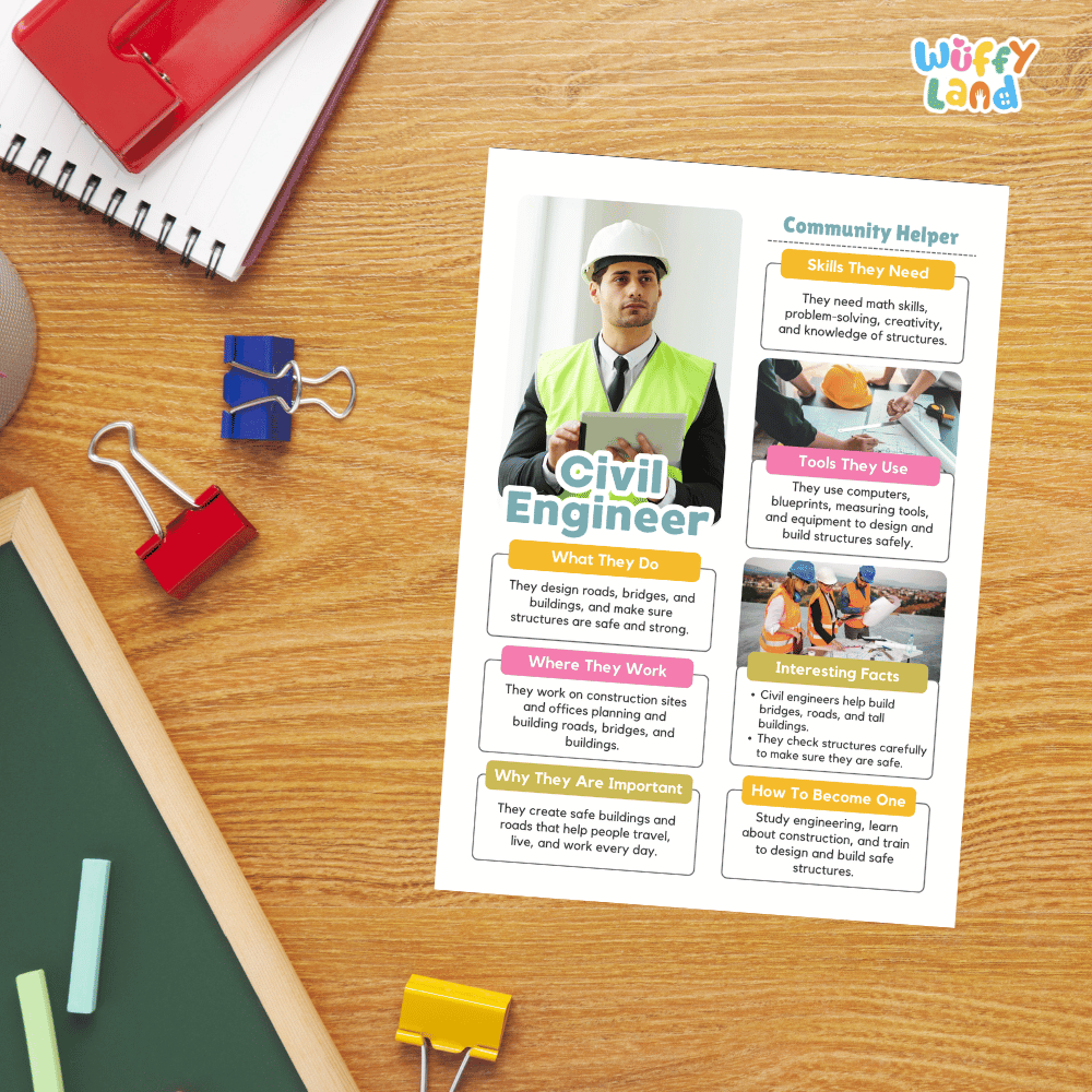 Guided student writing worksheets with lined sections for recording facts and a dedicated box for drawing or pasting a picture of a civil engineer