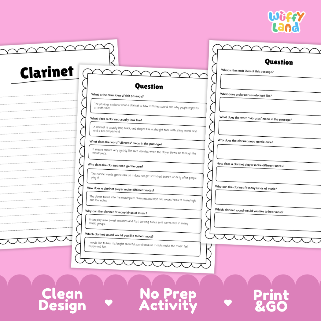 Informational reading passage page detailing the clarinet woodwind instrument single reed keys playing technique and care with photos