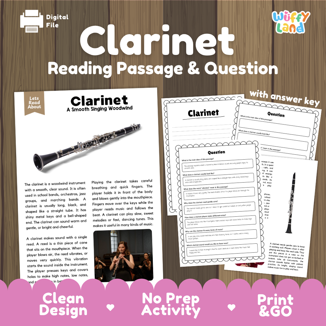 Clarinet reading comprehension passage and questions printable activity pack with answer key for elementary students
