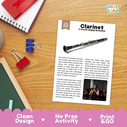 Student reading comprehension worksheet with short-answer questions and lined sections about the clarinet