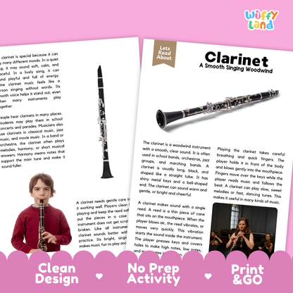 Teacher answer key page showing complete question solutions for Clarinet music education reading comprehension practice