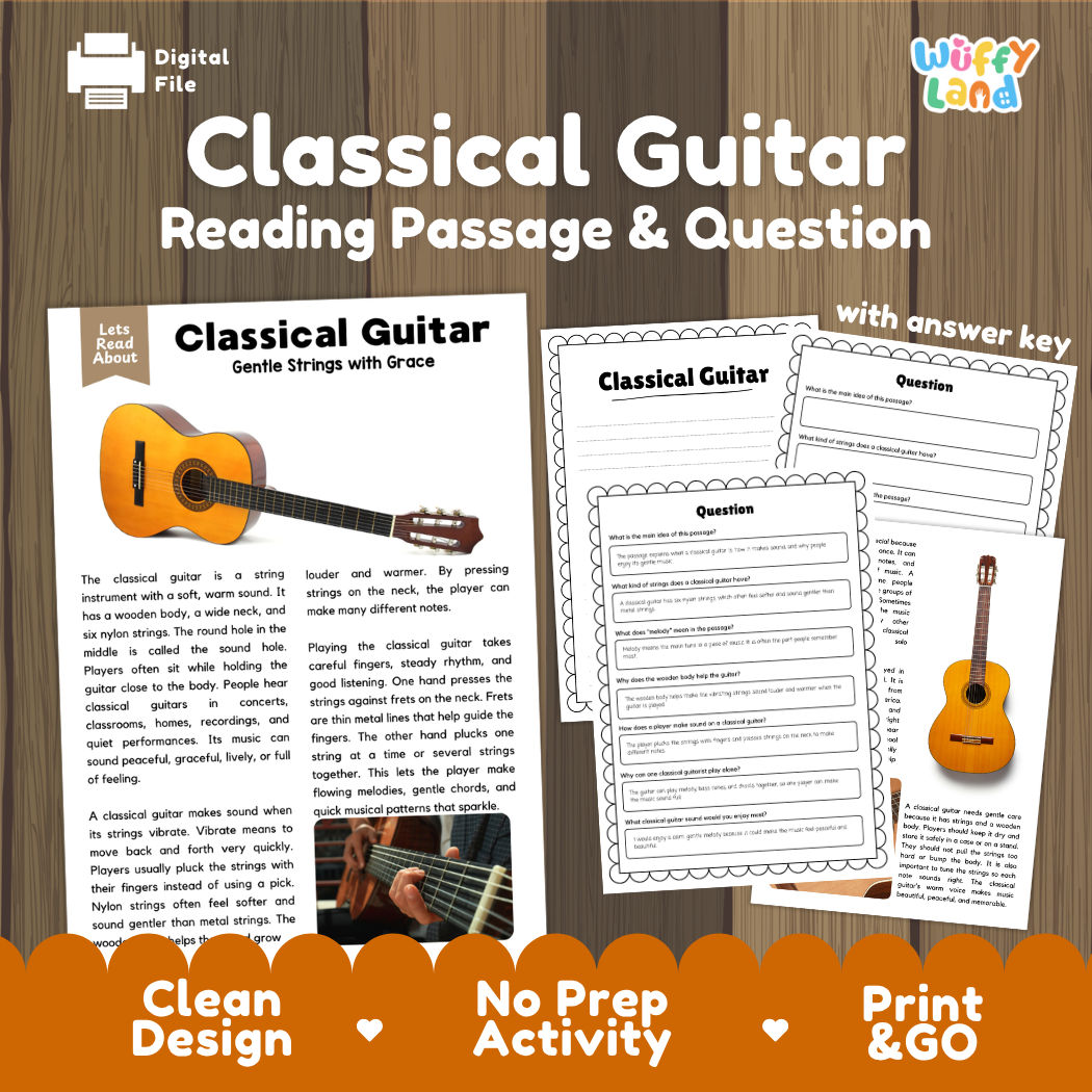 Classical Guitar reading comprehension passage and questions printable activity pack with answer key for elementary students