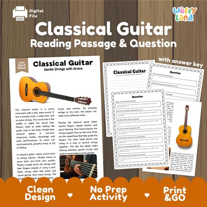 Classical Guitar reading comprehension passage and questions printable activity pack with answer key for elementary students