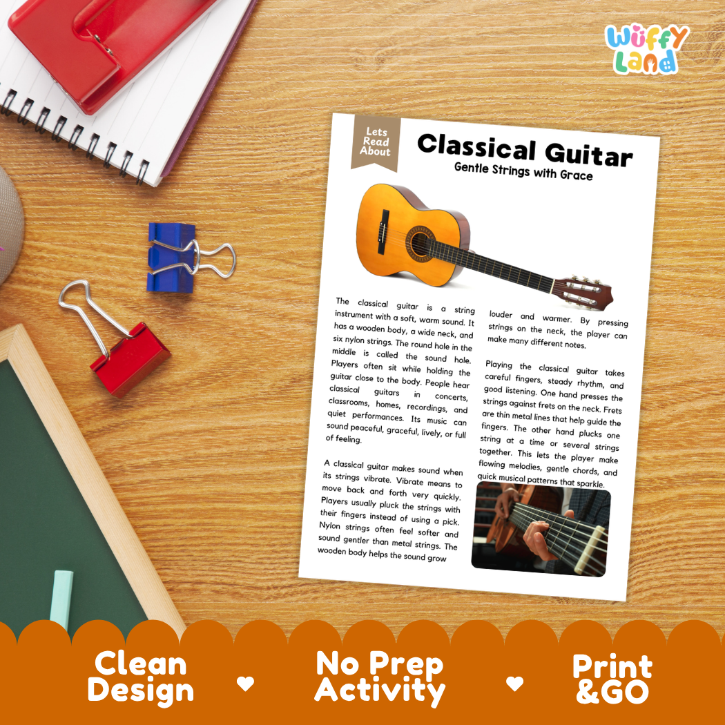 Student reading comprehension worksheet with short-answer questions and lined sections about the classical guitar instrument