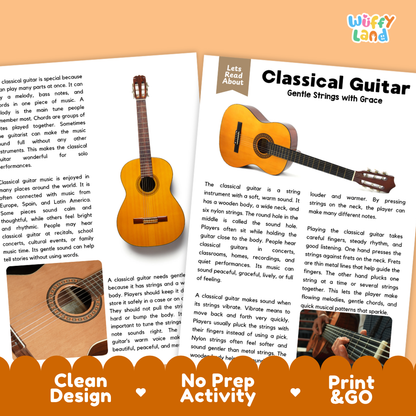 Teacher answer key page showing complete question solutions for Classical Guitar music education reading comprehension practice