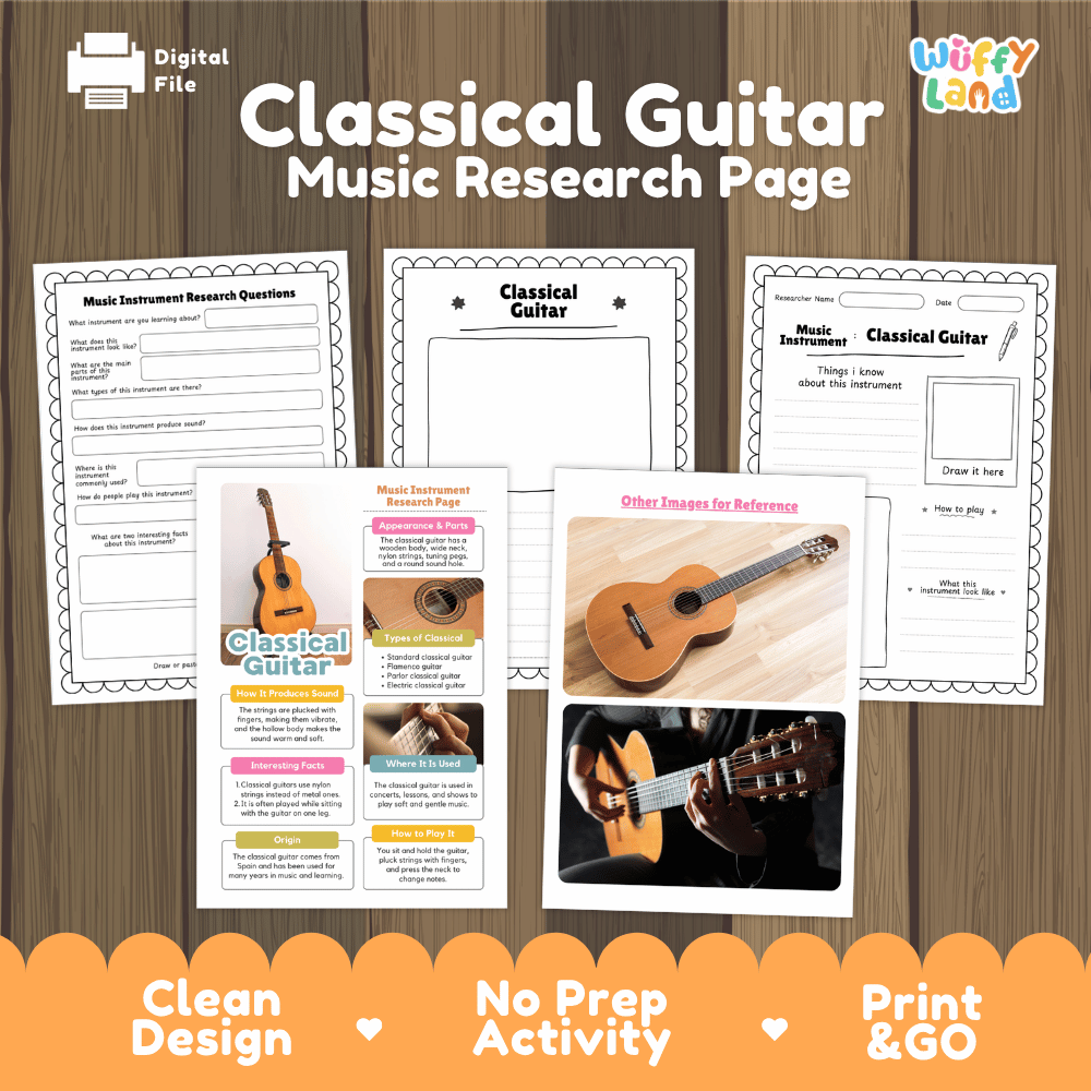 Classical Guitar Music Research Page Worksheets and Information Poster