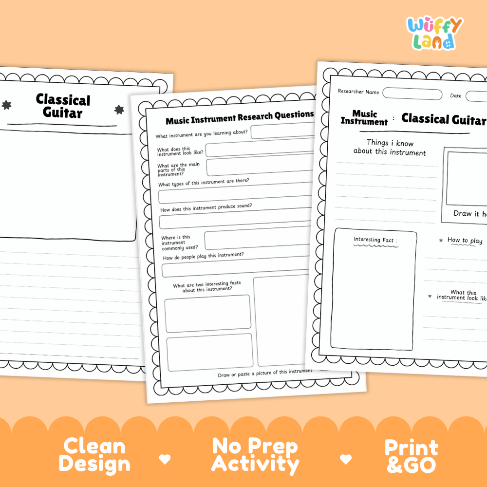 Classical Guitar Music Research Page Worksheets and Information Poster