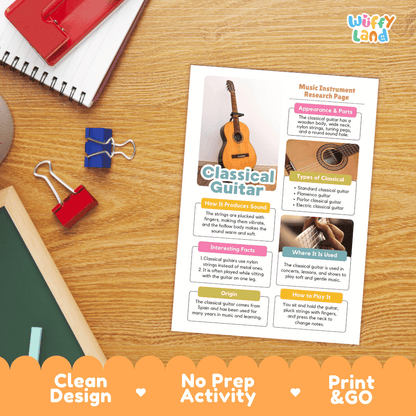 Classical Guitar Music Research Page Worksheets and Information Poster